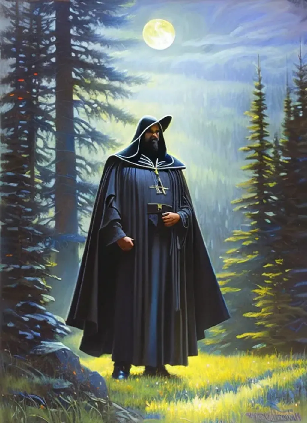 Prompt: Portrait of ghostface, dark forest, dark night sky, looking at the camera, extremely detailed painting by Greg Rutkowski and by Henry Justice Ford and by Steve Henderson