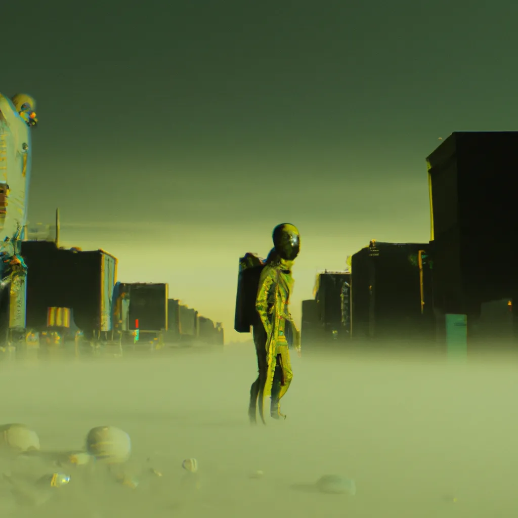 Prompt: Cinematic movie still of a man wearing a gasmask and a yellow leather hazmat suit walking the ethereal plane of a Dystopian Wasteland with the town infront of him sinking in a crater filled with lime green ooze, erie, foggy, scary, nuclear fallout,4K, octane render,award winning,