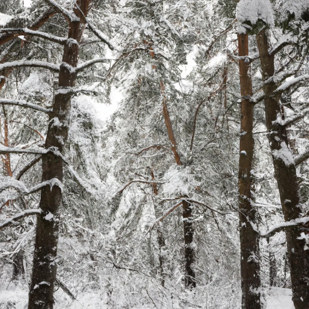 Prompt: Snow-laden trees, snowing, winter, wide angle, pine forest, photorealism