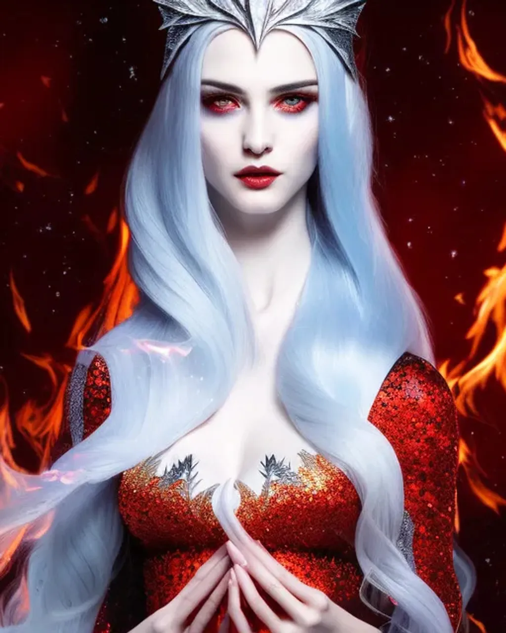 Prompt: sorceress with hair of ice and fire 
| wearing snowflakes and embers 
| symmetrical facial features, accurate anatomy, sharp focus, soft colors, textured brushstrokes, 8K 
| fantasy, aetherpunk, fantasycore, fairycore, ice and fire , game of Thrones
| by CGSociety, ArtGerm, WLOP, Laura Sava