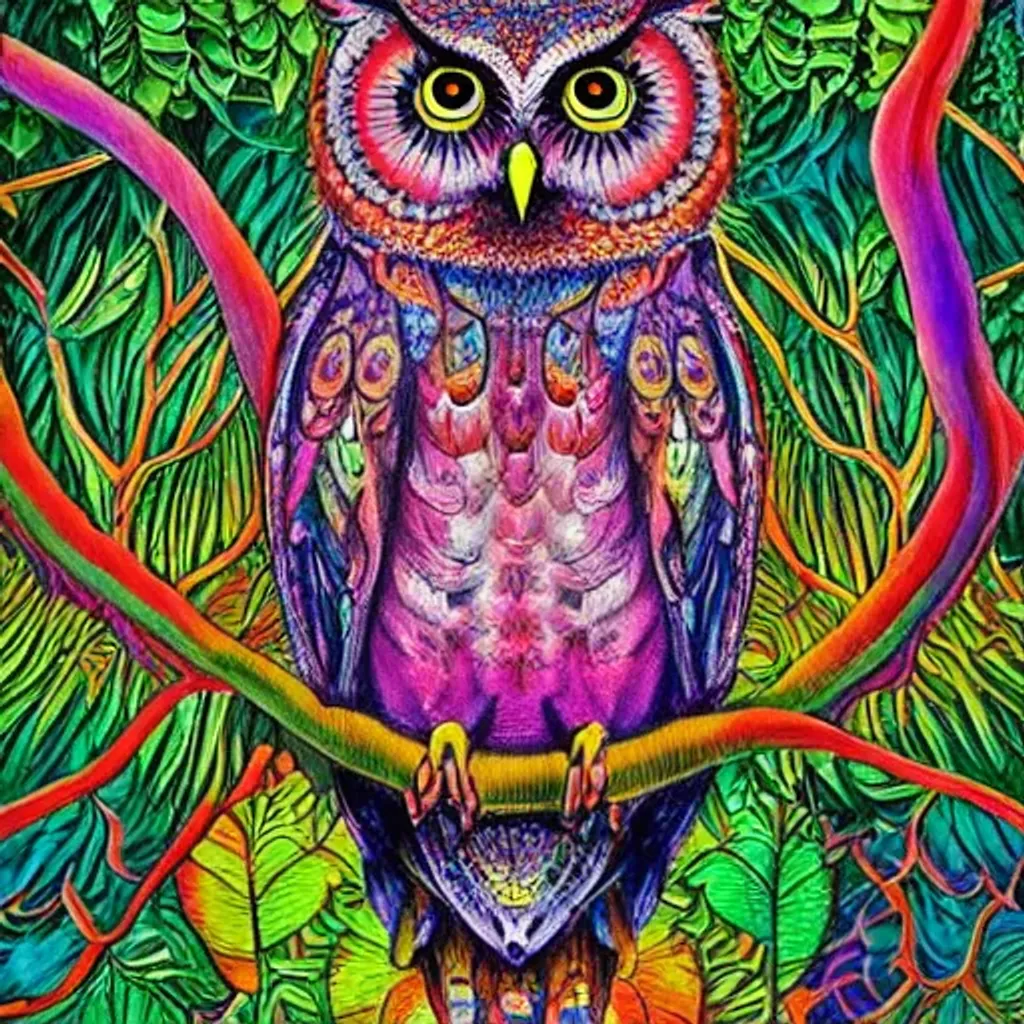 Prompt: Owls in a tree, psychedelic style, neon colors , watercolor, by Albrecht Dürer and John James Audubon and alex grey, 8k ultra realistic