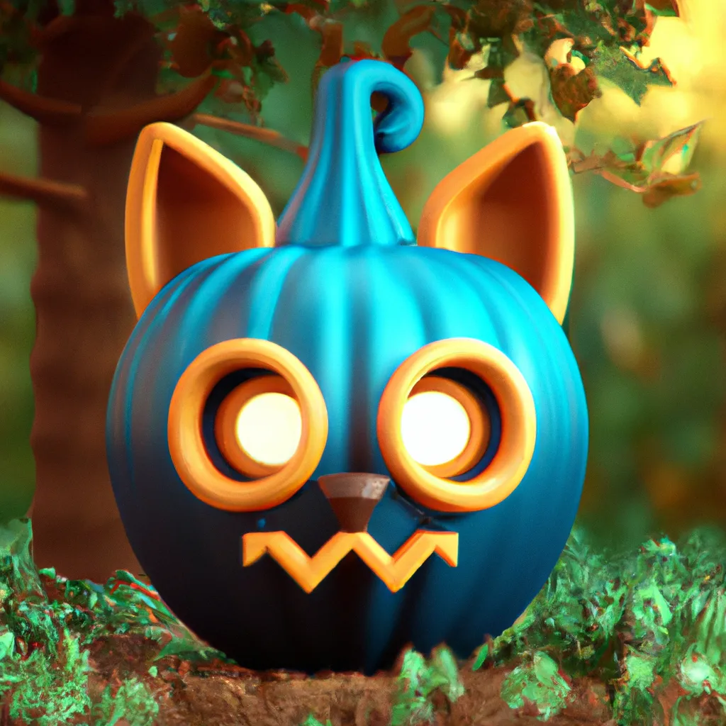 Prompt: cute 3D render of a colourful pumpkin head in a clay style, glowing eyes, with black witch cat, frontal view, blue spooky forest background, substance 3d painted, blender, smooth texture, high resolution, trending on behance.net, by Carlos Behrens