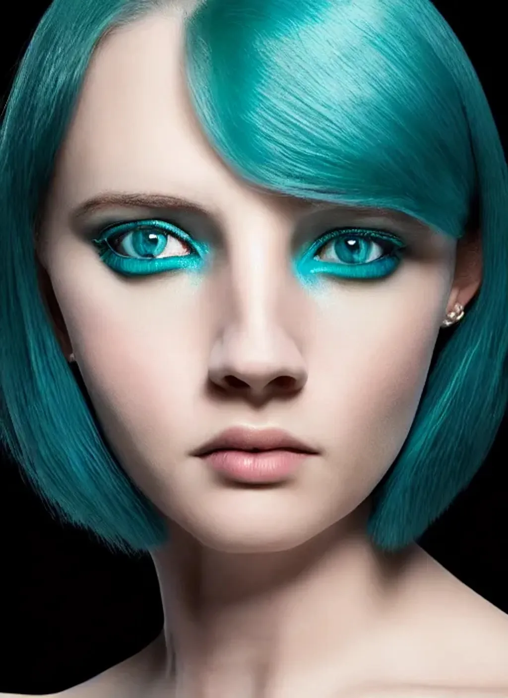Prompt: professional portrait, beautiful woman with teal hair, facial symmetry, perfect eyes, centered, dark gradient background, perfect composition, hyperrealistic, photorealism, super detailed, 32k, Nikon Z9 photo, high quality, trending on artstation, sharp focus, studio lighting, intricate details, hyperdetailed photography by greg rutkowski, dino tomic