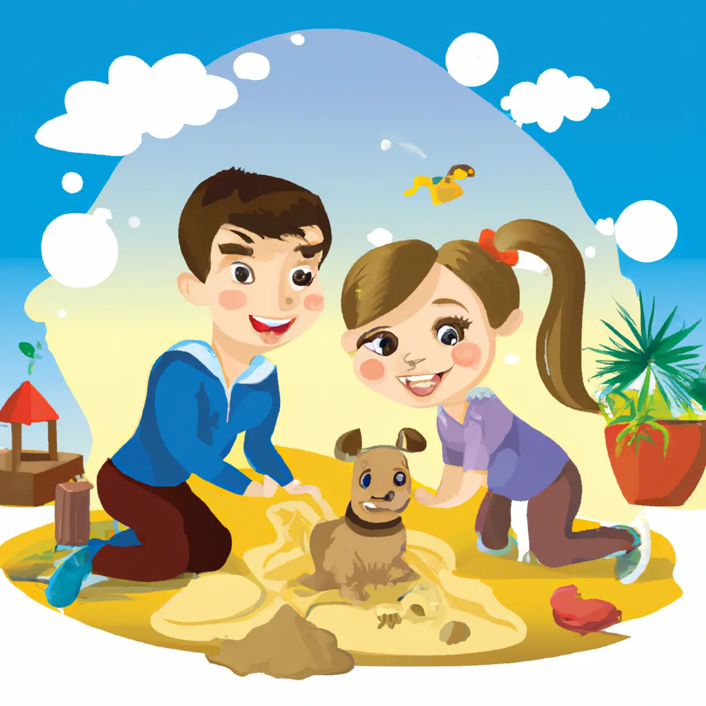 Prompt: boy and girl with their pets are playing in sand playground, happy faces, cartoonish disney style