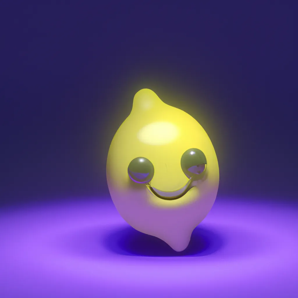 Prompt: 3d render very cute lemon with cute face and with purple and blue lighting beside the lemon