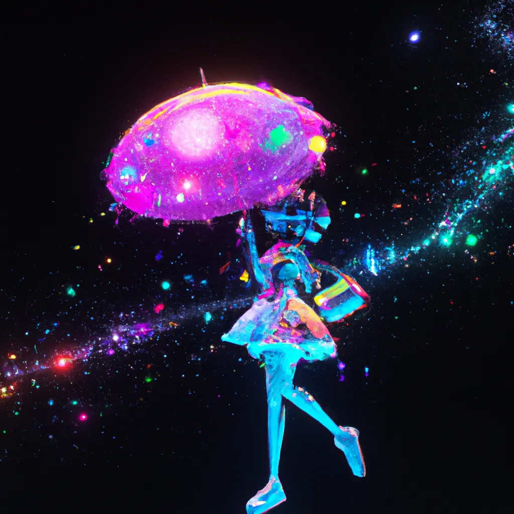 Prompt: candy girl glides in the galaxy with umbrella, cute 4d rendered, bioluminescent, sharp focus, hyperrealistic, intricate, ornate, octane, cinematic, extremely detailed, studio quality, rtx, trending in artstation, smooth, unreal engine 5