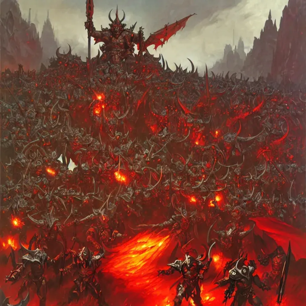 Prompt: Demon androgynous heavy armored and armed elves of Khorne march to battle, war, glory, lust, banners, fantasy art by Frank Frazetta, by Marc Simonetti, highly detailed, oil on canvas