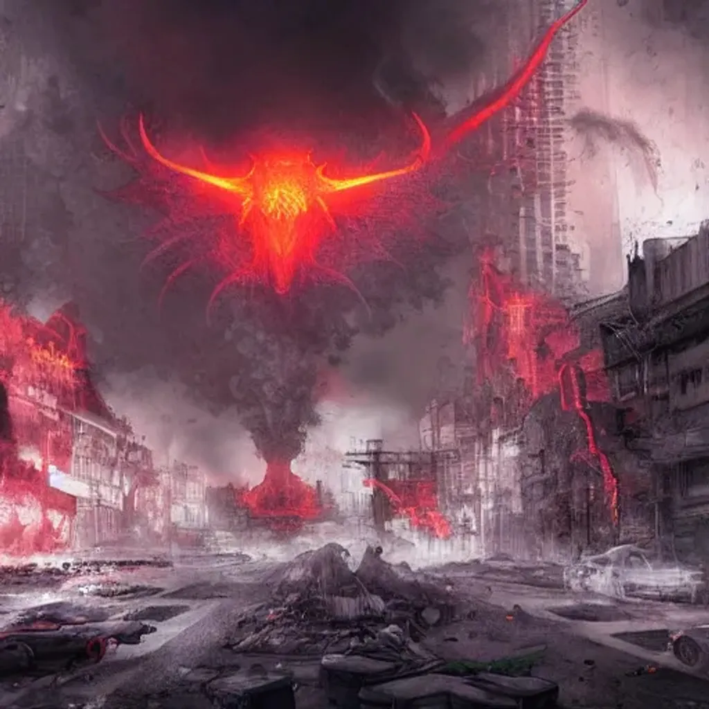 Prompt: Color Splash, Splash art of Post-apocalyptic city intersection, sad Diablo demon crying in the center, by Eddie Mendoza, volumetric lighting, dust particles, black clouds, lava, magma, evil arcane underlighting