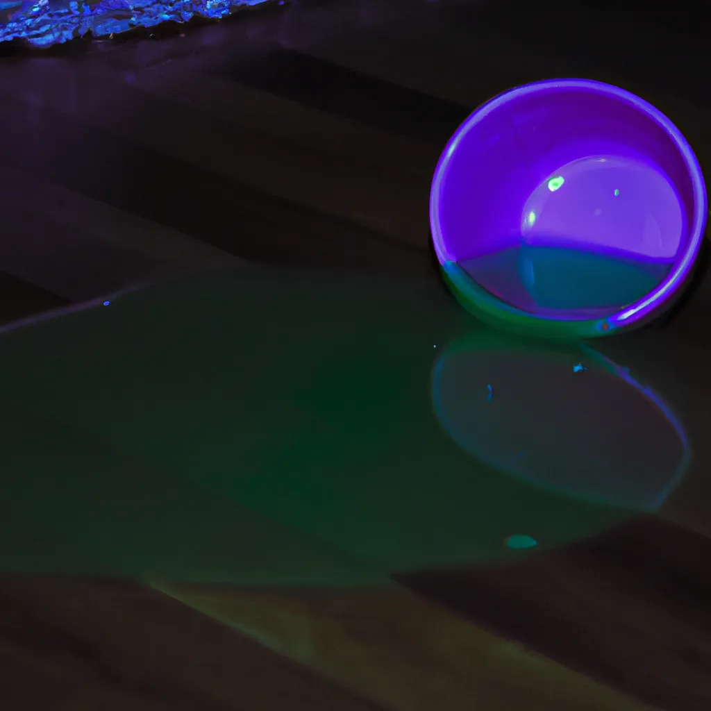 Prompt: A low-quality image of a purple cup of water spilt on the floor; the liquid spilt is green, in someone's house at 3AM, camera flash on