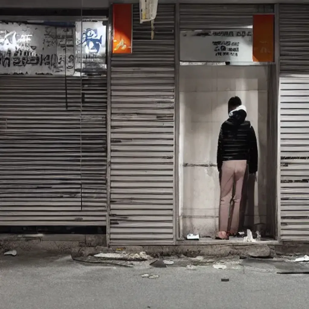 Prompt: abandoned store in south korea with people walking by, at night, liminal space