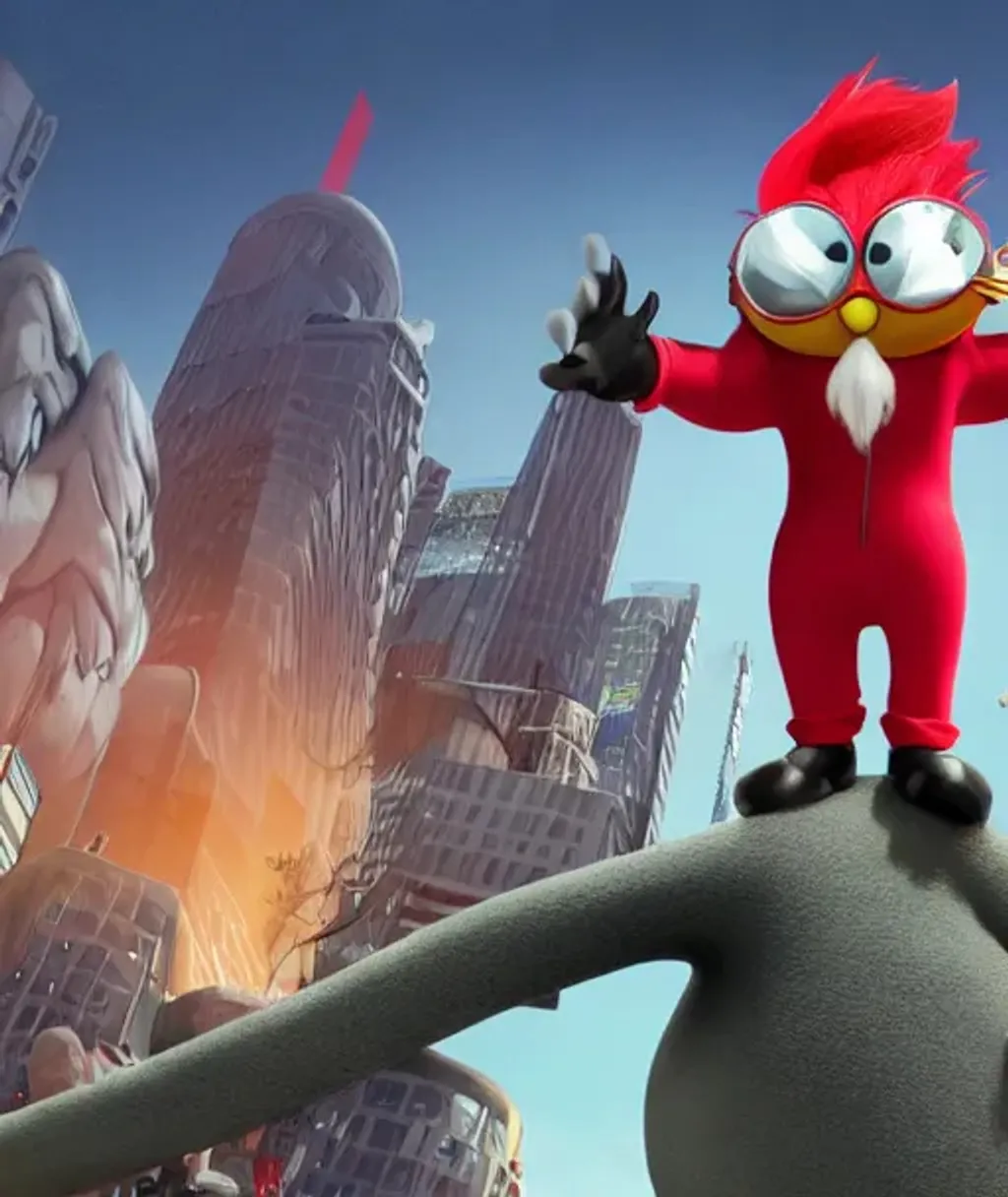 Prompt: a render of a round adorable monster man in a red jumpsuit, wearing shiny black goggles, long pointy pink nose, long spikey light brown moustache, large cartoonish hands with white gloves, evil villain grin, high tech, hdr, 4 k, he is standing over the lorax, the lorax is on the ground, 3 d