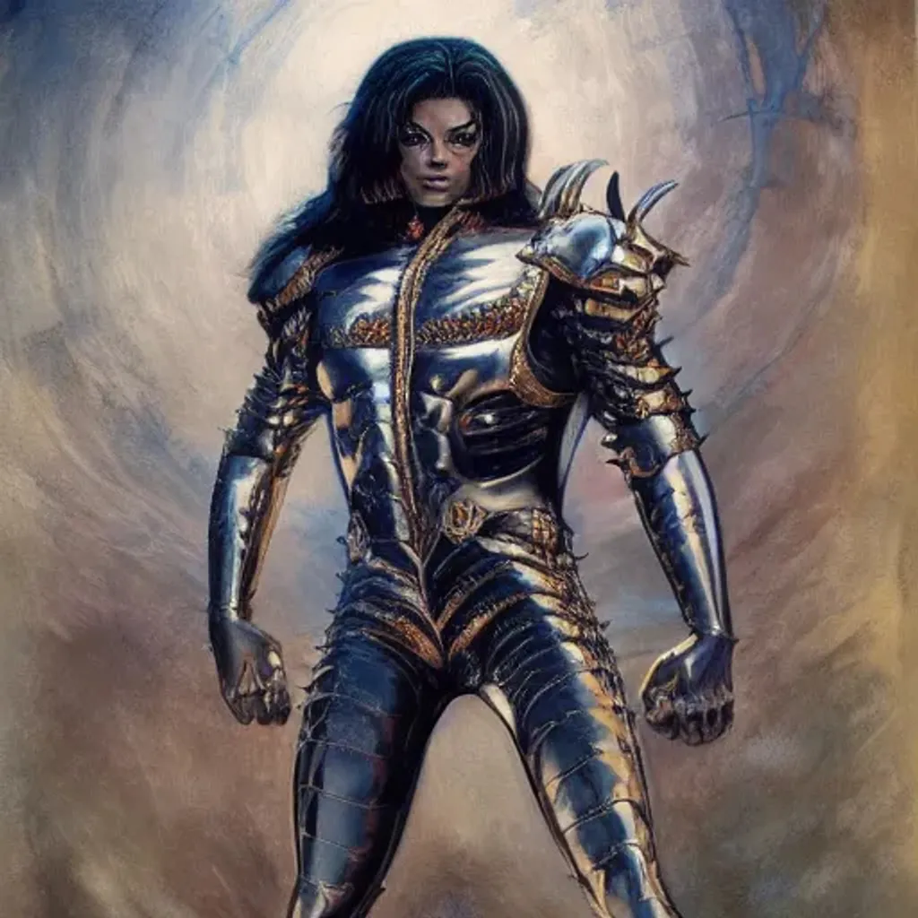 Prompt: muscular beautiful michael jackson wearing armor tombow artwork greg staples, dug stanat, norman rockwell , christophe young eytan zana , rumiko takahashi , centred , symmetrical , denoised