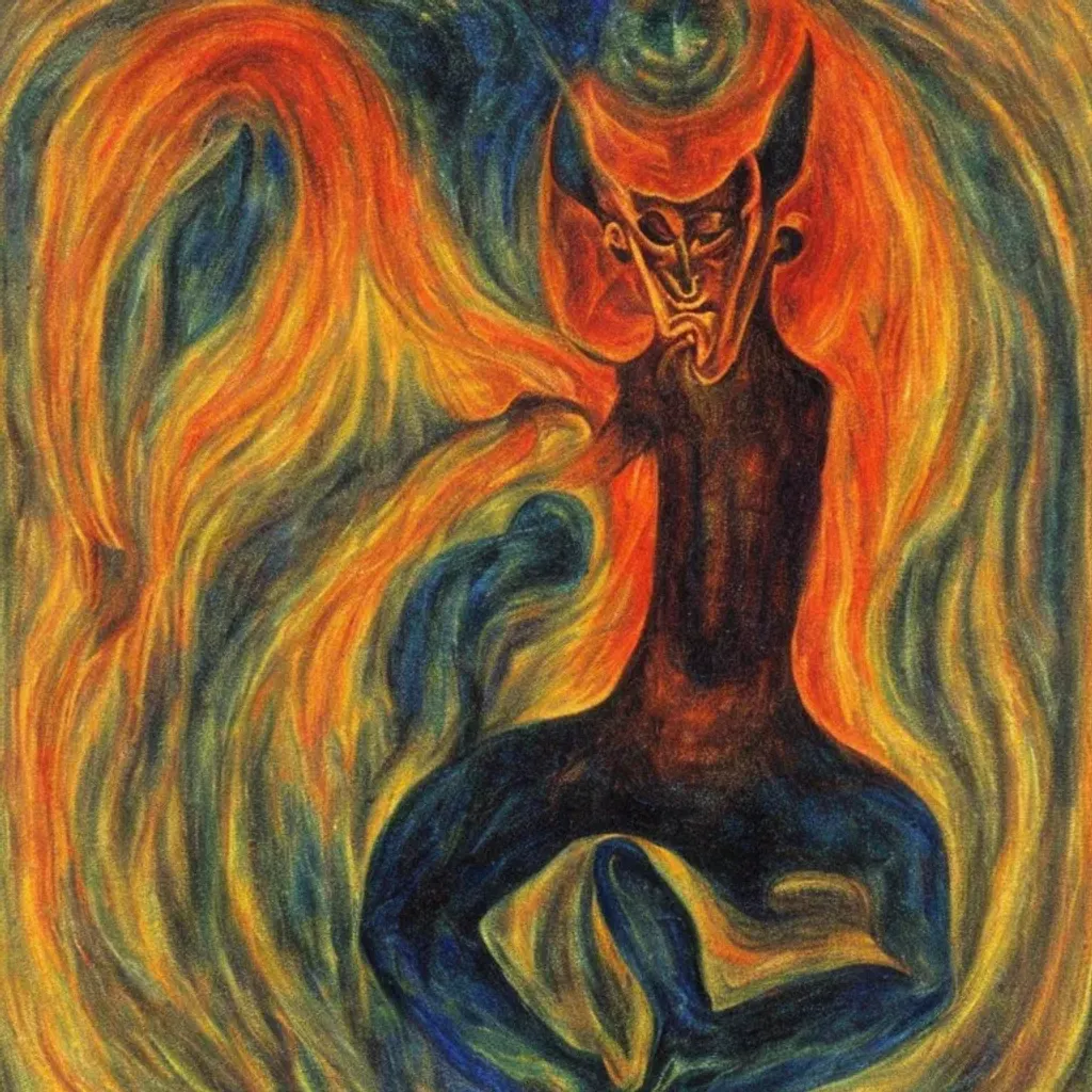 Prompt: Anthroposophical painting of the Devil, Lord of the Gates of Matter by Rudolf Steiner