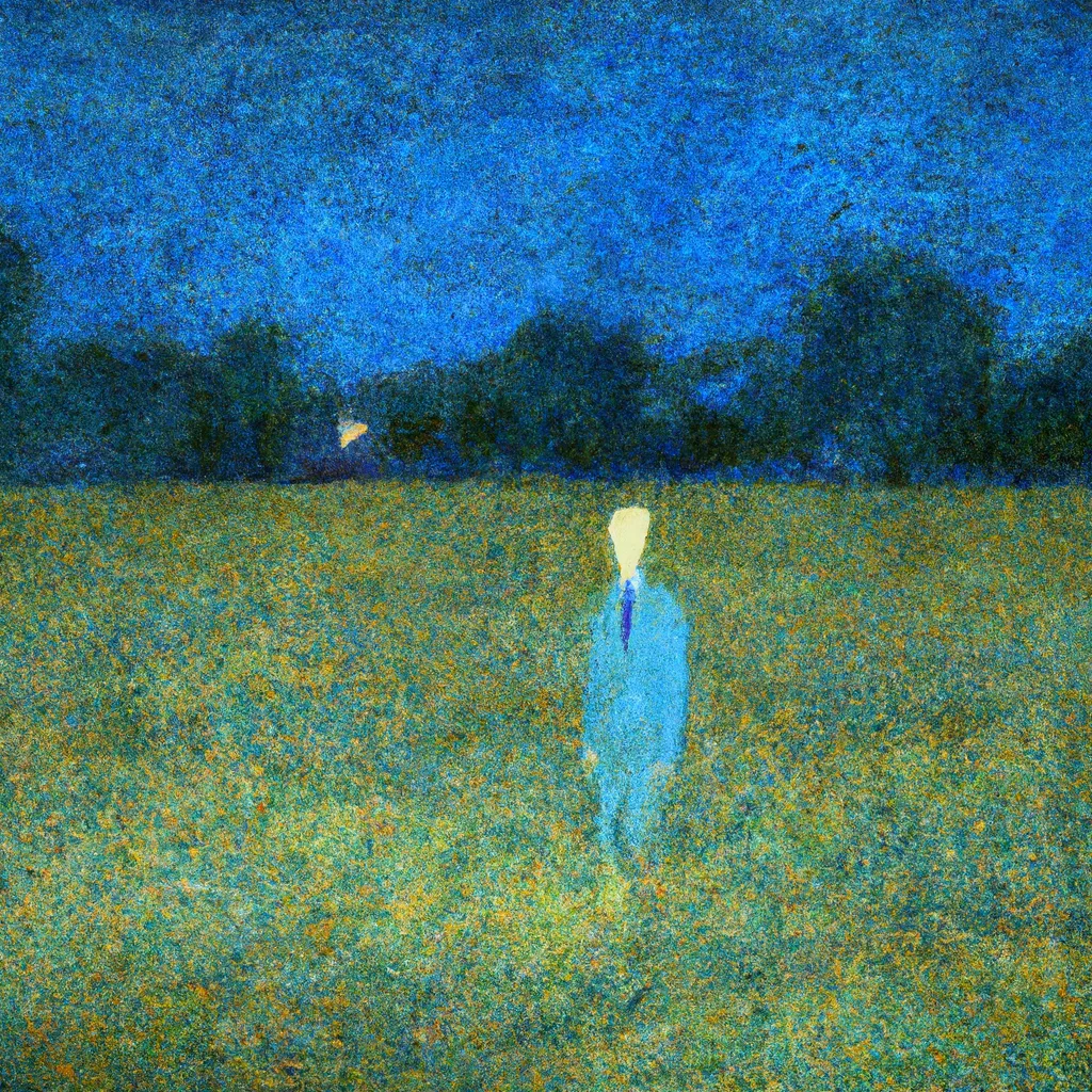 Prompt: 1800s painting of a transparent man in a field at night, in style of vaan gogh