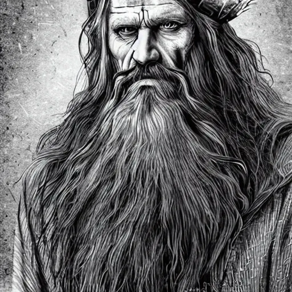 Line art dark realistic viking wizard with grey stre...