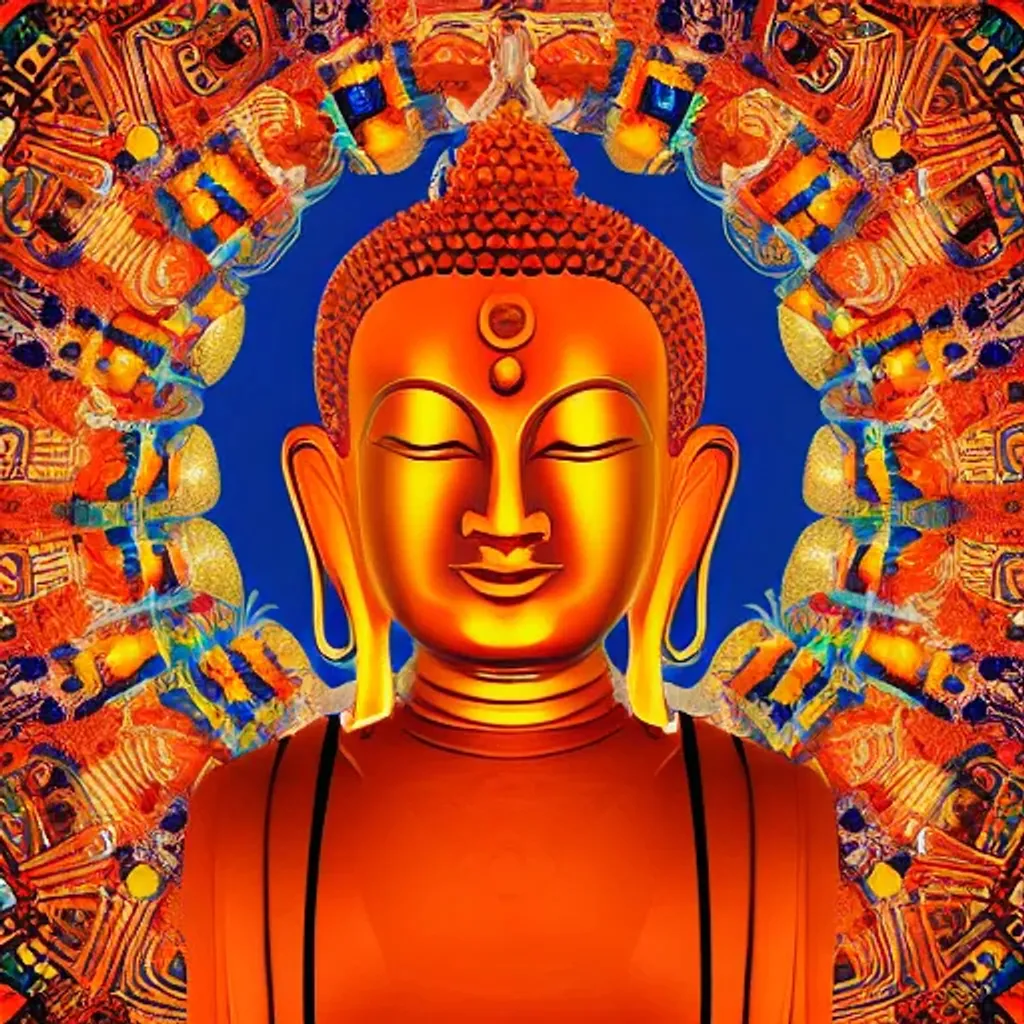 Prompt: tibetan buddha, orange colours, symmetric face, fractal and blurred background