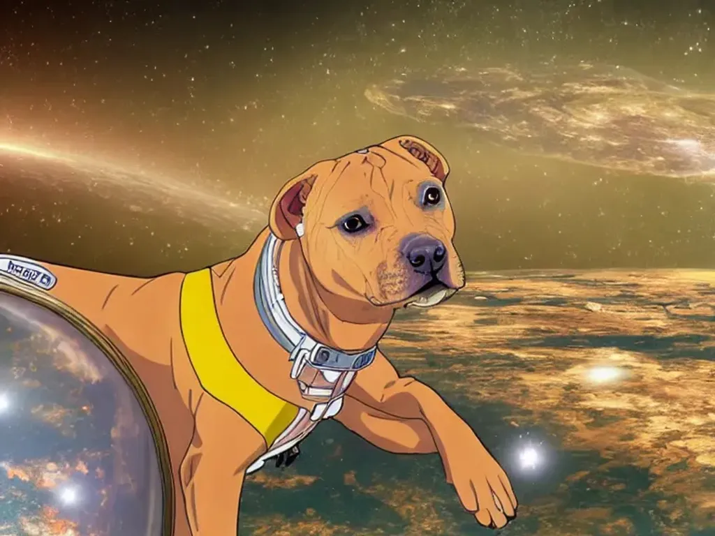 Prompt: Anime Happy light brown pit bull in a space suit cartoon on an alien planet. retro, futuristic, time traveling , color blast, lo-fi, interstellar travel, stars, planets. Moog
