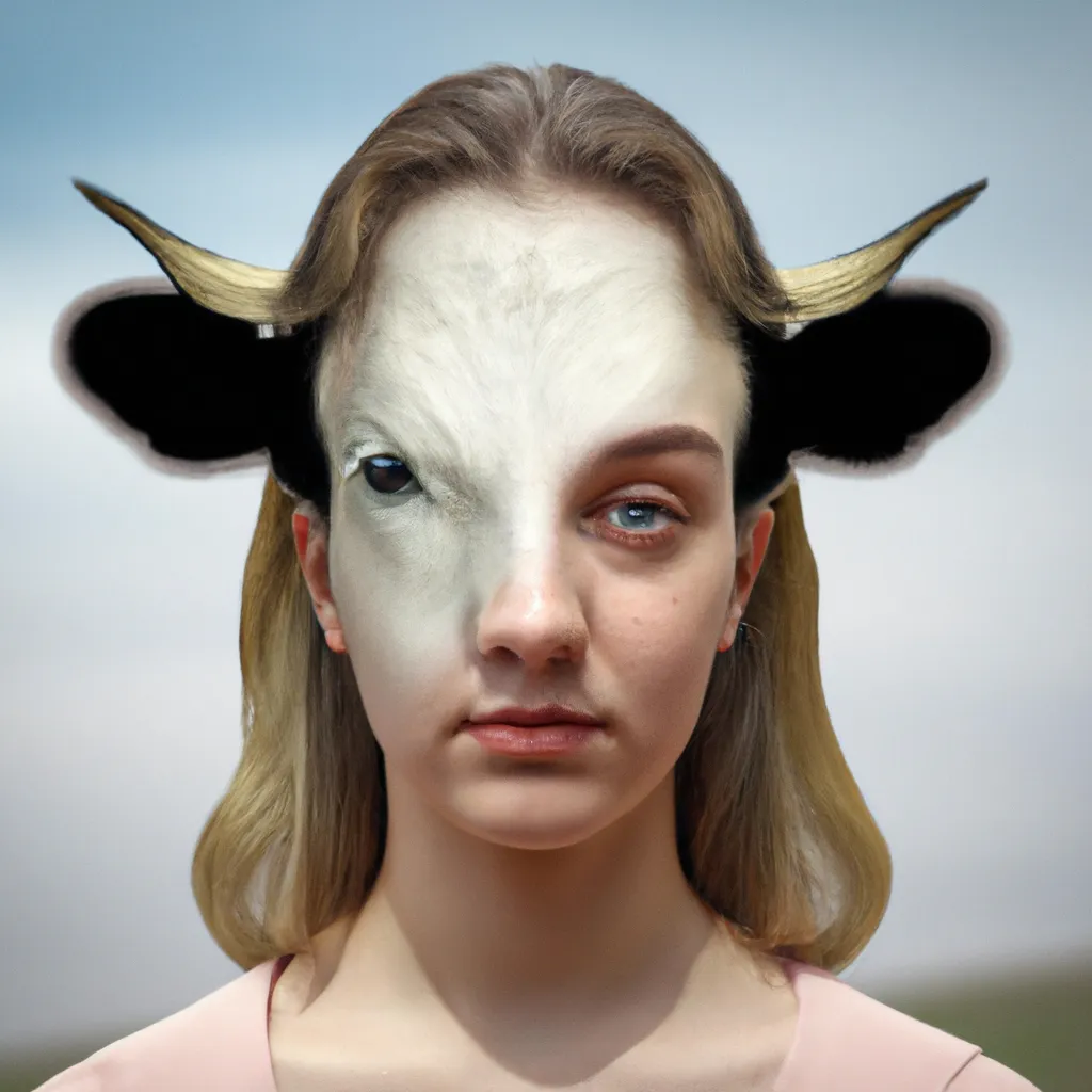 Prompt: A photo of a cute young woman's head combined with a 3D render of a hybrid cow head. Epic film poster style.