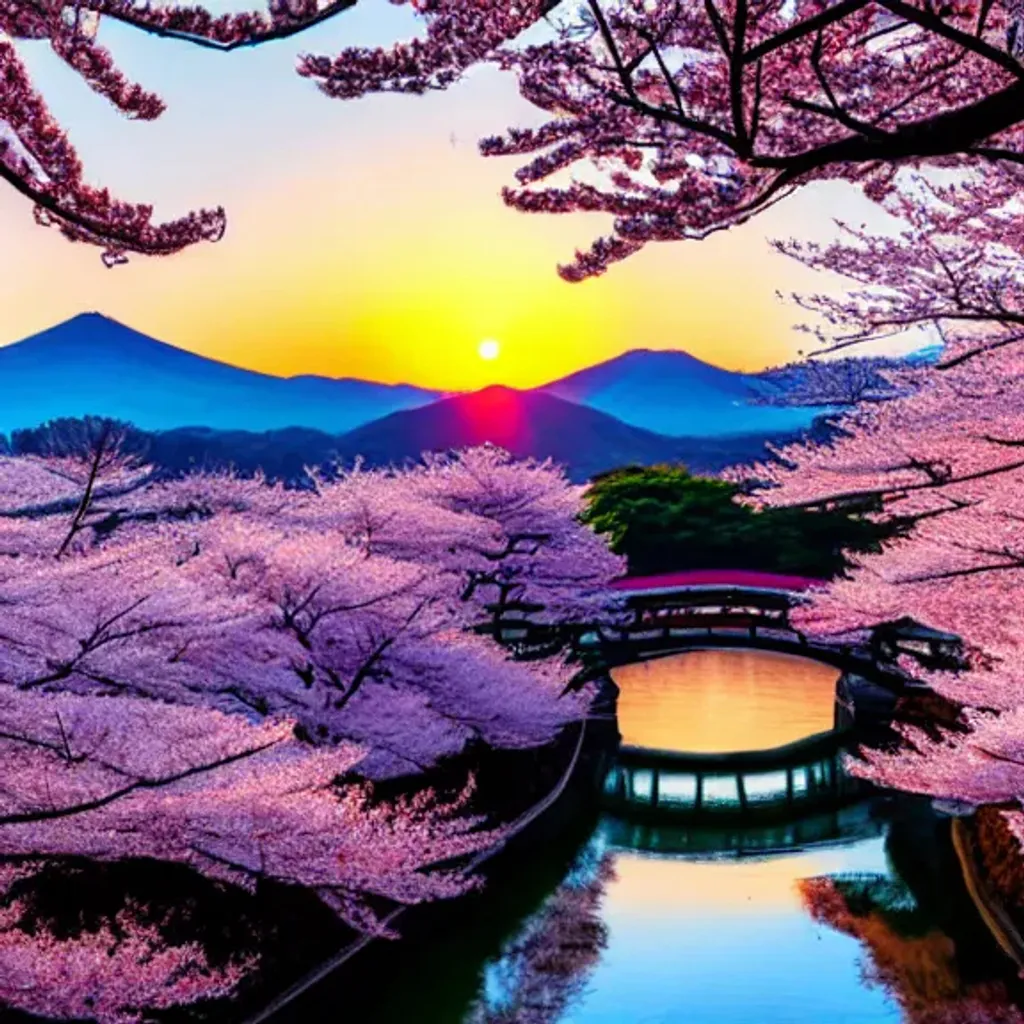 Prompt: sunrise in japan with cherry blossoms