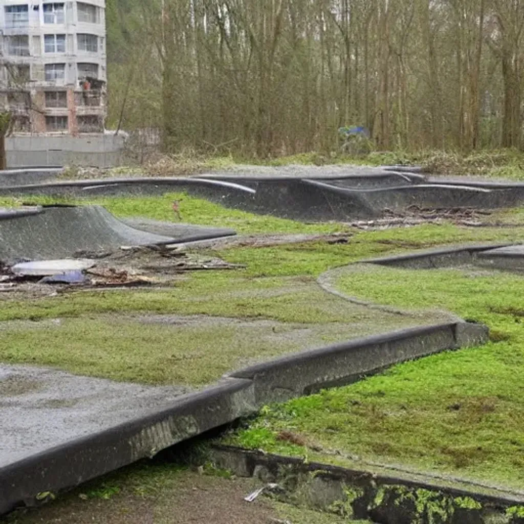 Prompt: Ruined Skate Park,  Flood Damage, Moss overgrowth.