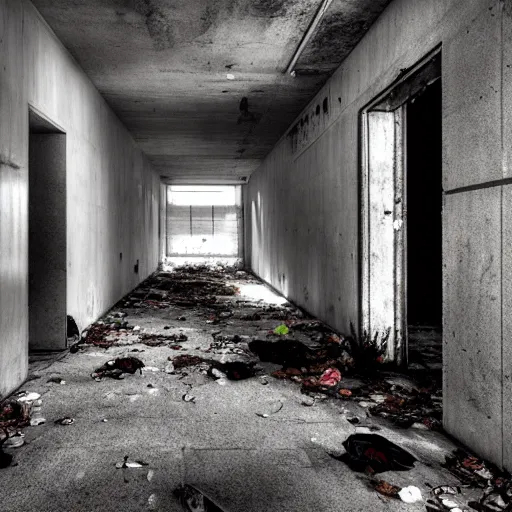 abandoned concrete hallways, ground with garbage, co... | OpenArt