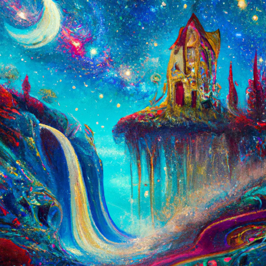 Prompt: An expressive surrealism oil painting of an art nouveau elegant elvish architecture house on the edge of a hill with a waterfall, in space with star constellations and moonlight. Steampunk style, bokeh, cottagecore. Red, turquoise, gold.
 By Tim Burton, Anna Dittmann, Salvador Dali and Elsa Beskow.