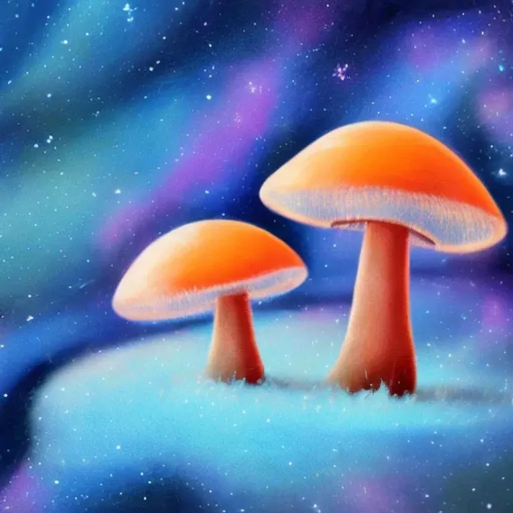 Prompt: Oil painting of a cosy vintage tiny cute fungi, in the stars, on an icy fantasy universe, octane render by weta digital, exotic colorful pastel, ray traced lighting and reflections
  