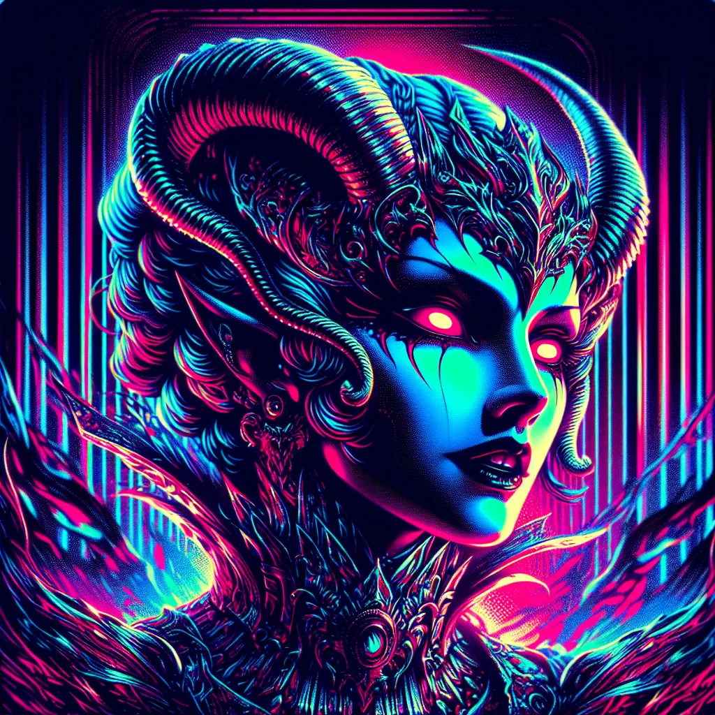 Prompt: Beautiful female demonic figure in a gothic vaporwave setting, neon lights casting a dramatic glow, retro aesthetic, high definition, dramatic lighting, demonic, high quality, liminal, vivid colors, detailed features, atmospheric, haunting vibe, surreal, retro-futuristic, intense gaze, otherworldly, dark and unsettling, eerie