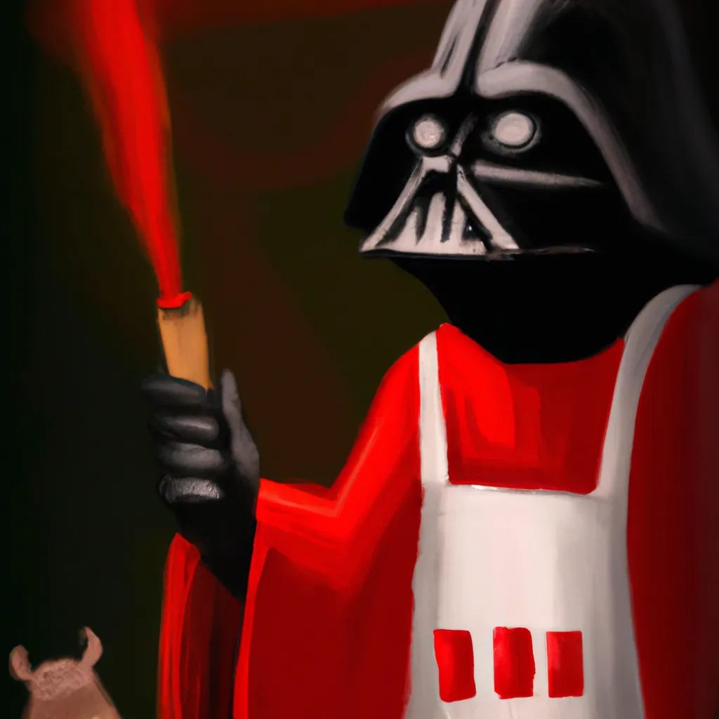 Prompt: Darth vader from star wars 
roasting meat with his lightsaber, wearing red apron, oil art