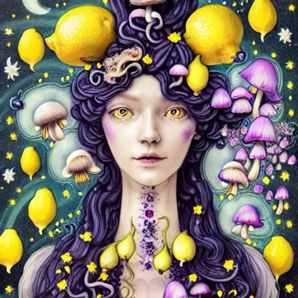 Prompt: Rococo Pastel witch, lemons, close portrait, Beautiful witch with mushrooms and orchids coming out of her hair, mushrooms, stars, planets, hq, fungi, celestial, moon, galaxy, stars, victo ngai, Ryan Hewett 