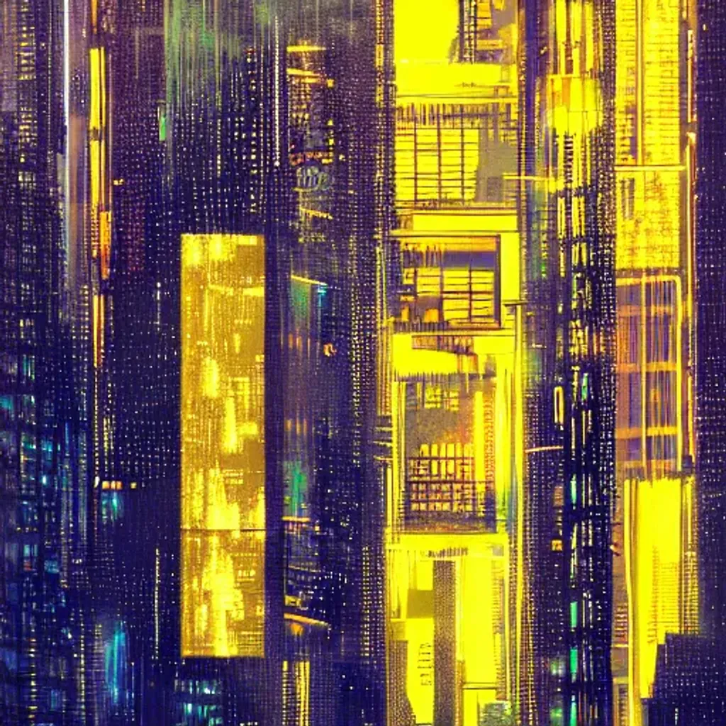 Prompt: Abstract cyberpunk city, yellow style, at night, rainy, streetlamp, 8k, trending on artstation