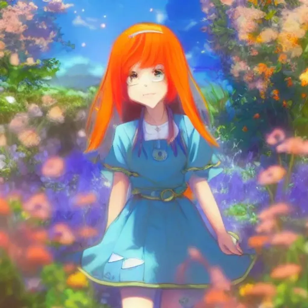 Prompt: 1Girl, Anime, Orange Hair, Female Gnome, in the garden of blue flowers, happy and delighted, smart and openness. Blue Dress. Happy! Relaxation. Shadowverse, Fuseflux Studios. Genshin Impact.