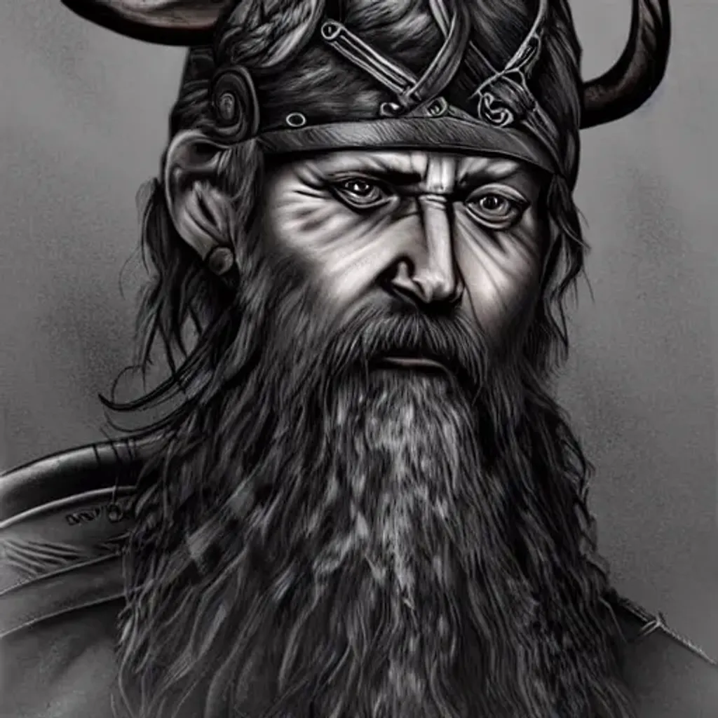 Prompt: Line art dark realistic viking wizard with grey streaked beard weary look
