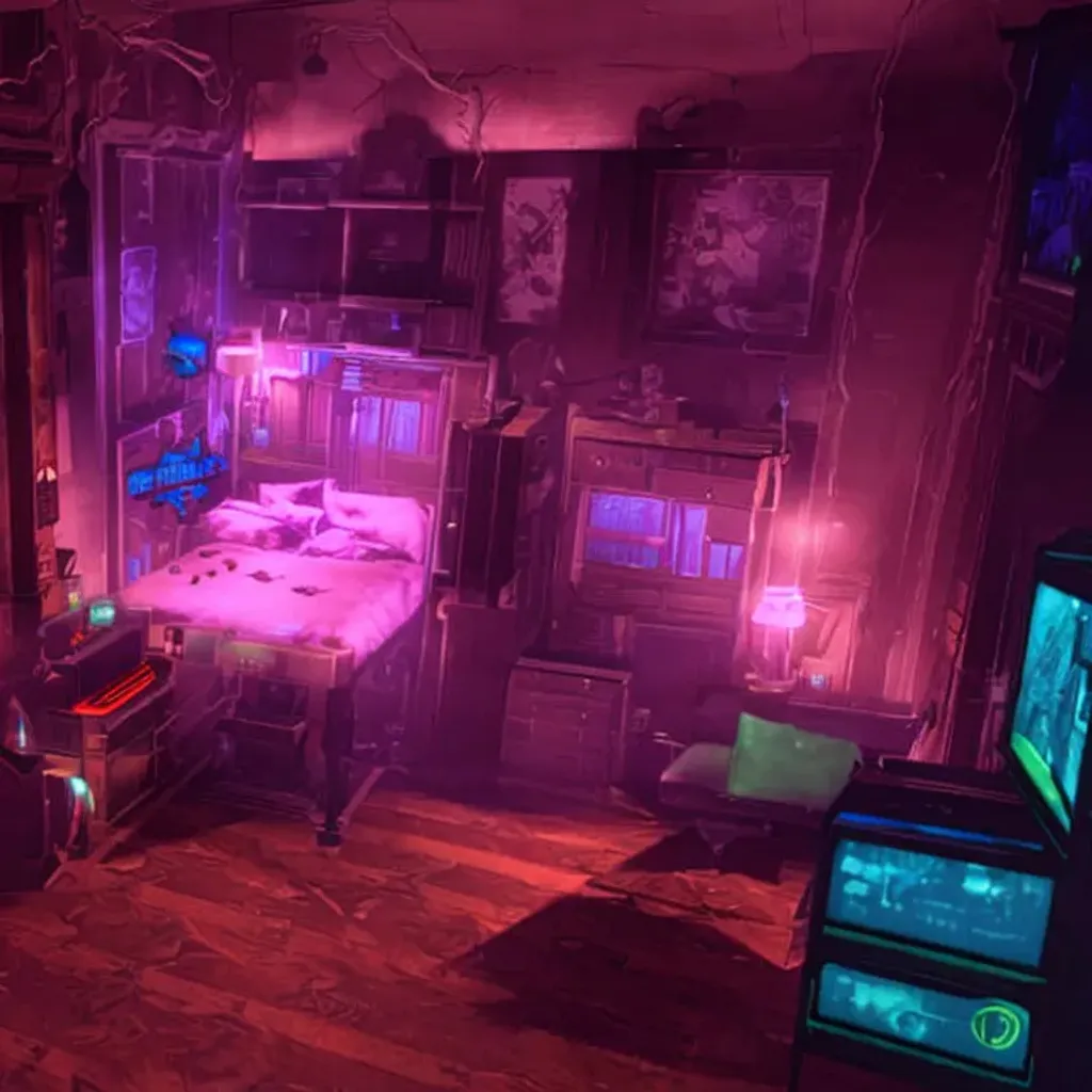 Prompt: bioshock's rapture in neons in a fort frolic, bedroom apartment with a bed and a desktop workspace with 3 monitors