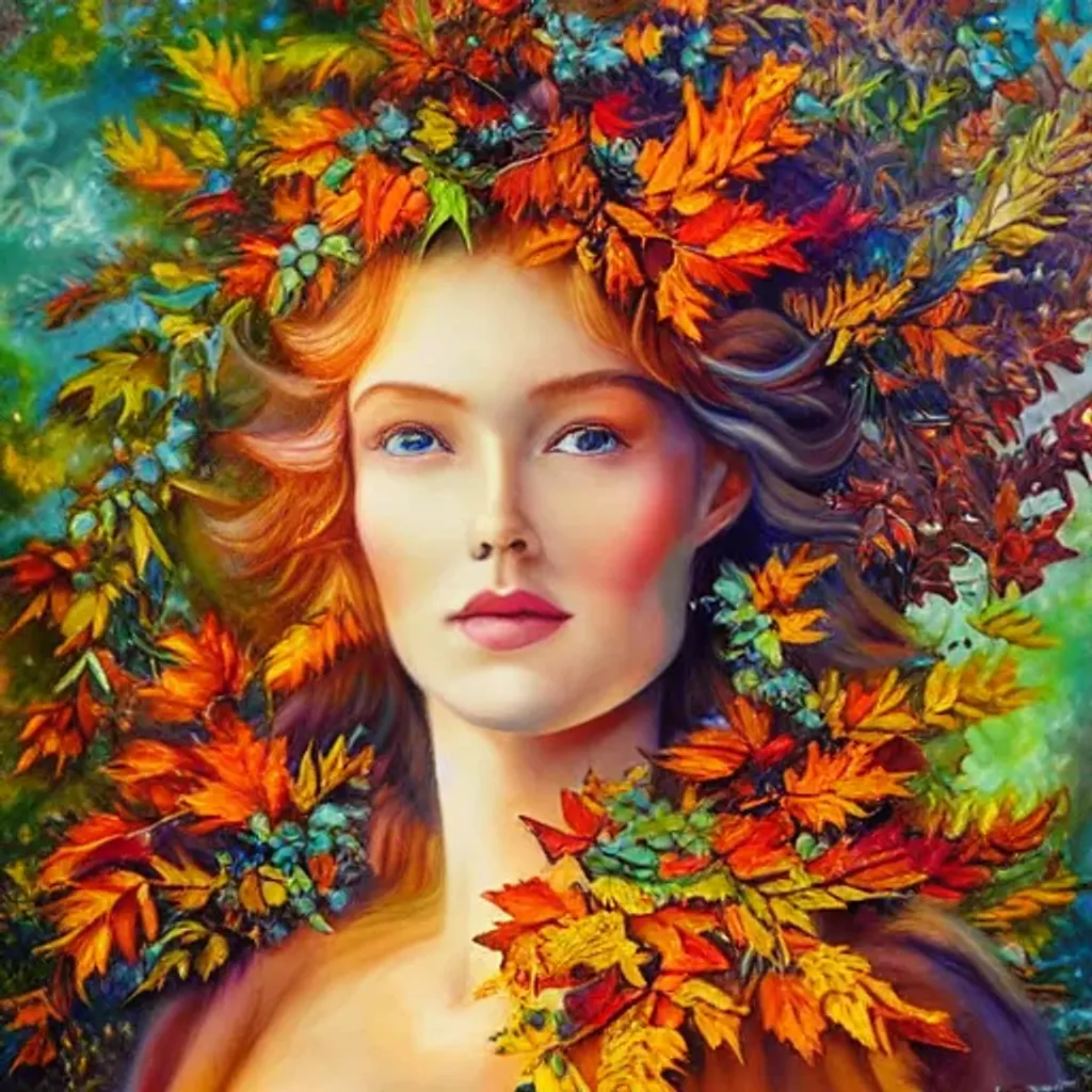 Prompt: an oil painting of the autumnal equinox, a young beautiful woman surrounded by autumn leaves, an airbrush painting by Josephine Wall, deviantart,, airbrush art, detailed painting, pre-raphaelite, 3d render, rococo art