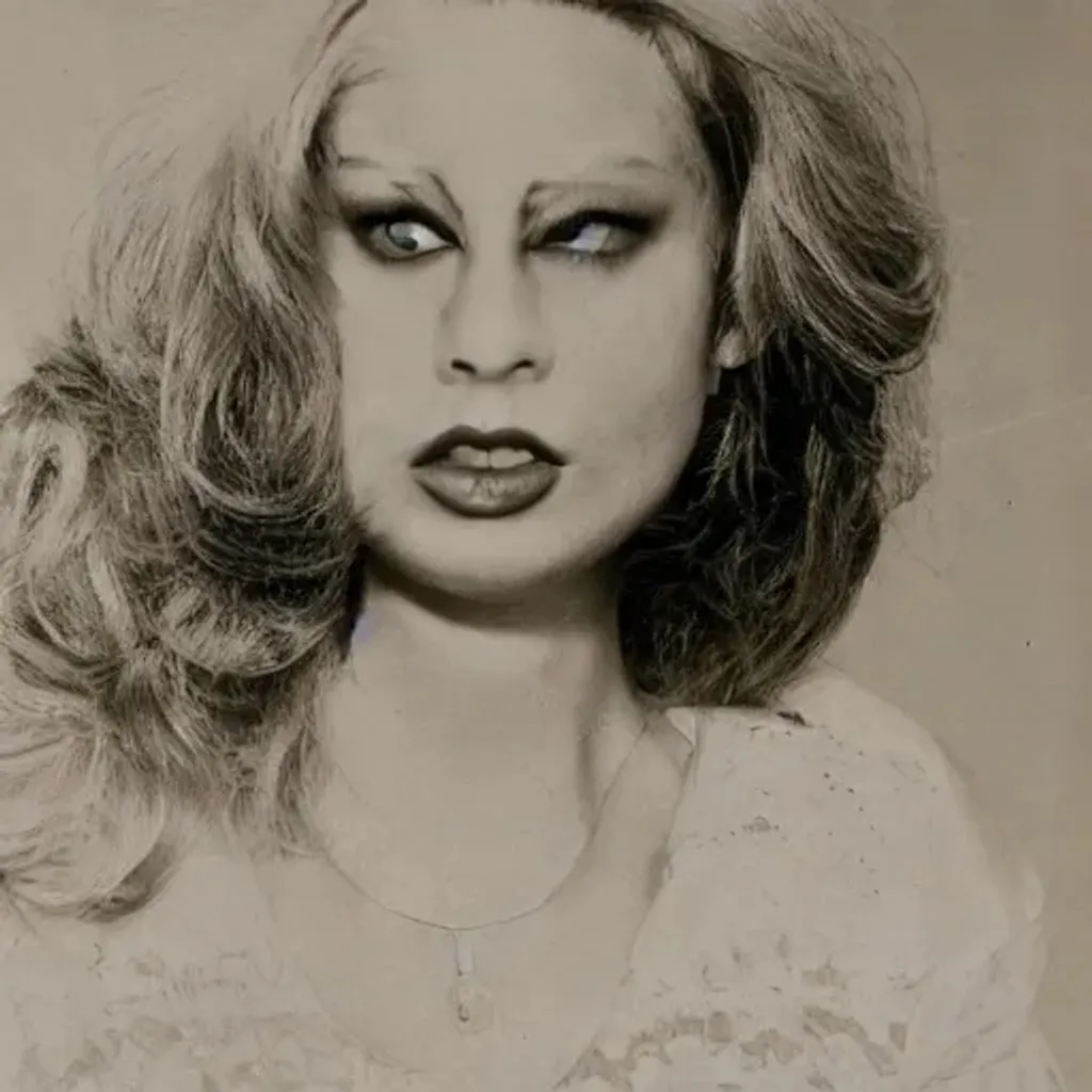 Prompt: old faded photo of a drag queen 1963