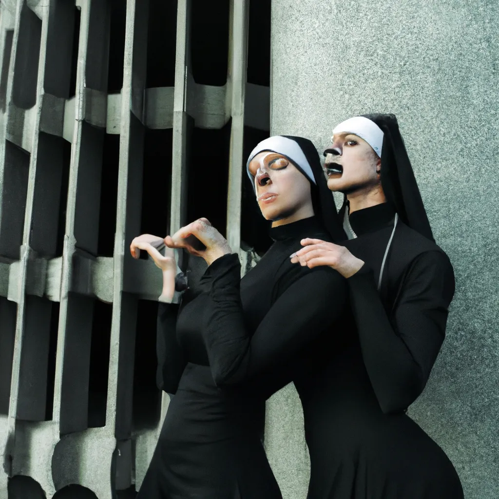 Prompt: nuns zombi with a riffle in a brutaliste style