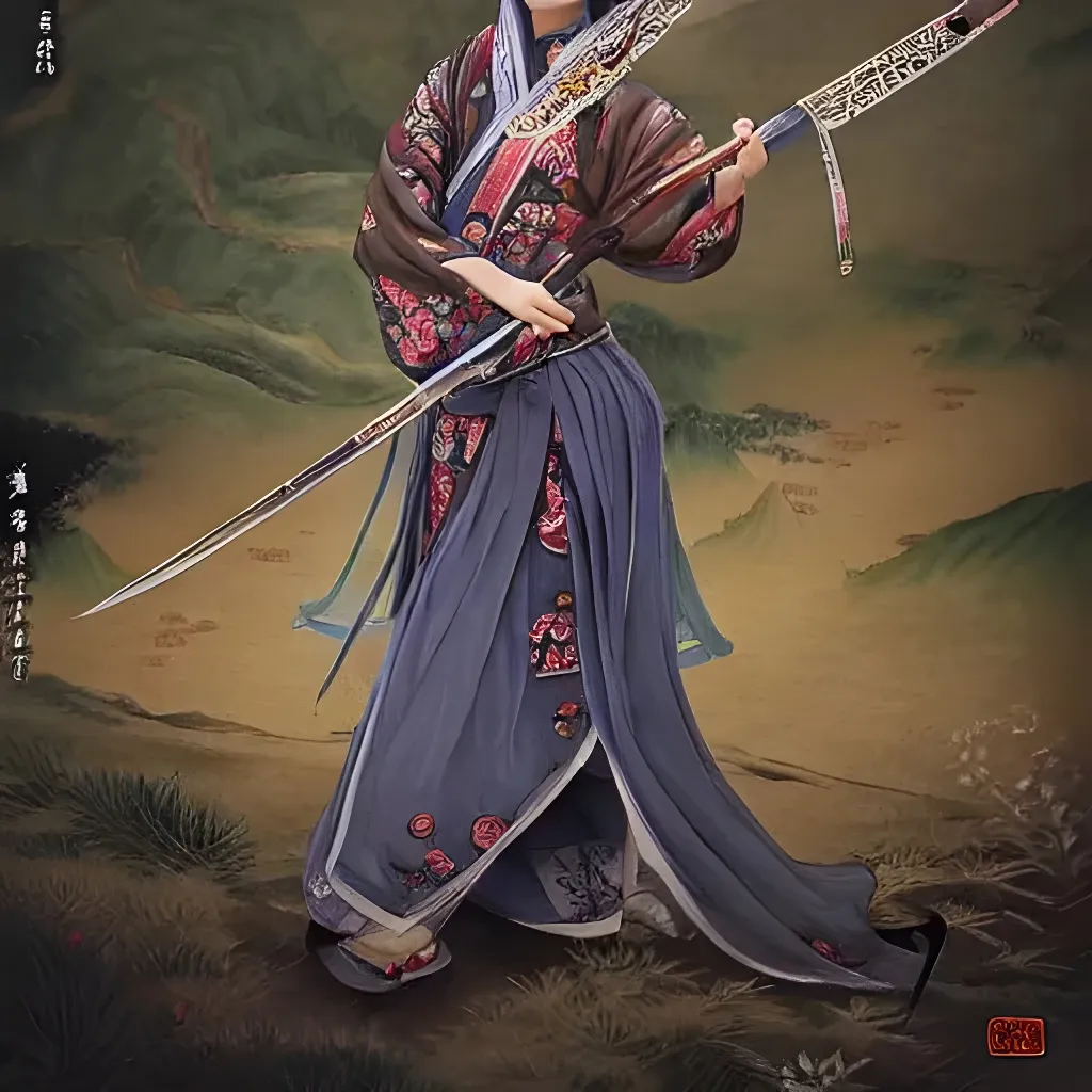 Prompt: An epic fantasy wuxia illustration portrait of a beautiful Chinese female cultivator wearing military hanfu doing a sword dance in the rural mountainside, full body XIANXIA, manga, Chinese temple, intricate linework, depth of field by Yoji Shinkawa 4k -n 4 -i, pi, artstation, pixiv, artgerm, unreal engine, masterpiece, bright colours, high quality