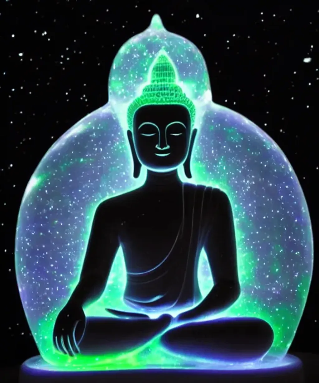 Prompt: detailed glowing Buddha made of light inside crystal sphere meditating in space with stars inside, aurora borealis