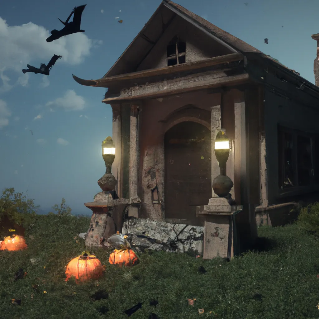 Prompt: Haunted house with glowing pumpkins by the door, bats in the sky, gravestones in the ground, unreal engine