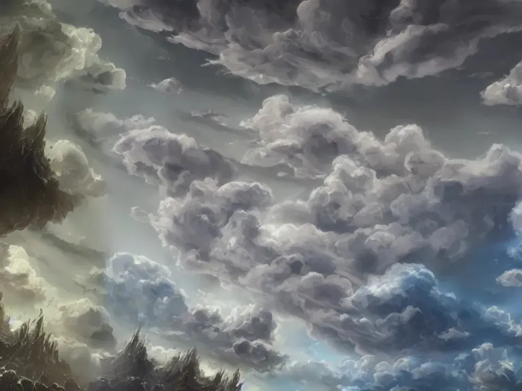 Prompt: Beautiful clouds seen in the noon sky, fantasy art trending on ArtStation