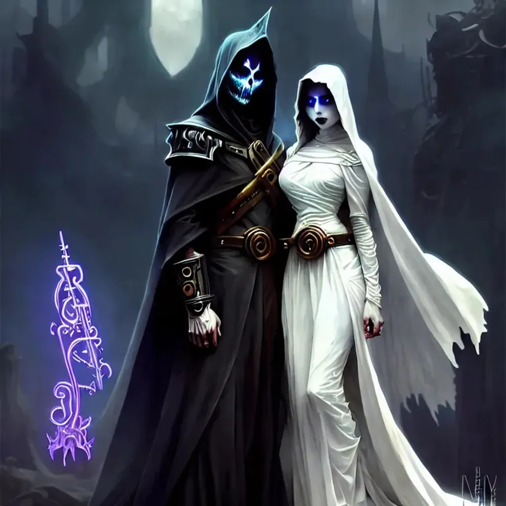 Prompt: male undead Lich Necromancer wearing void hood, female ghost in translucent dress, standing together and holding hands, highly detailed, photorealistic, organic textures, 4 k, octane render, intricate, elegant, highly detailed, digital painting, artstation, concept art, smooth, sharp focus, illustration, realistic face