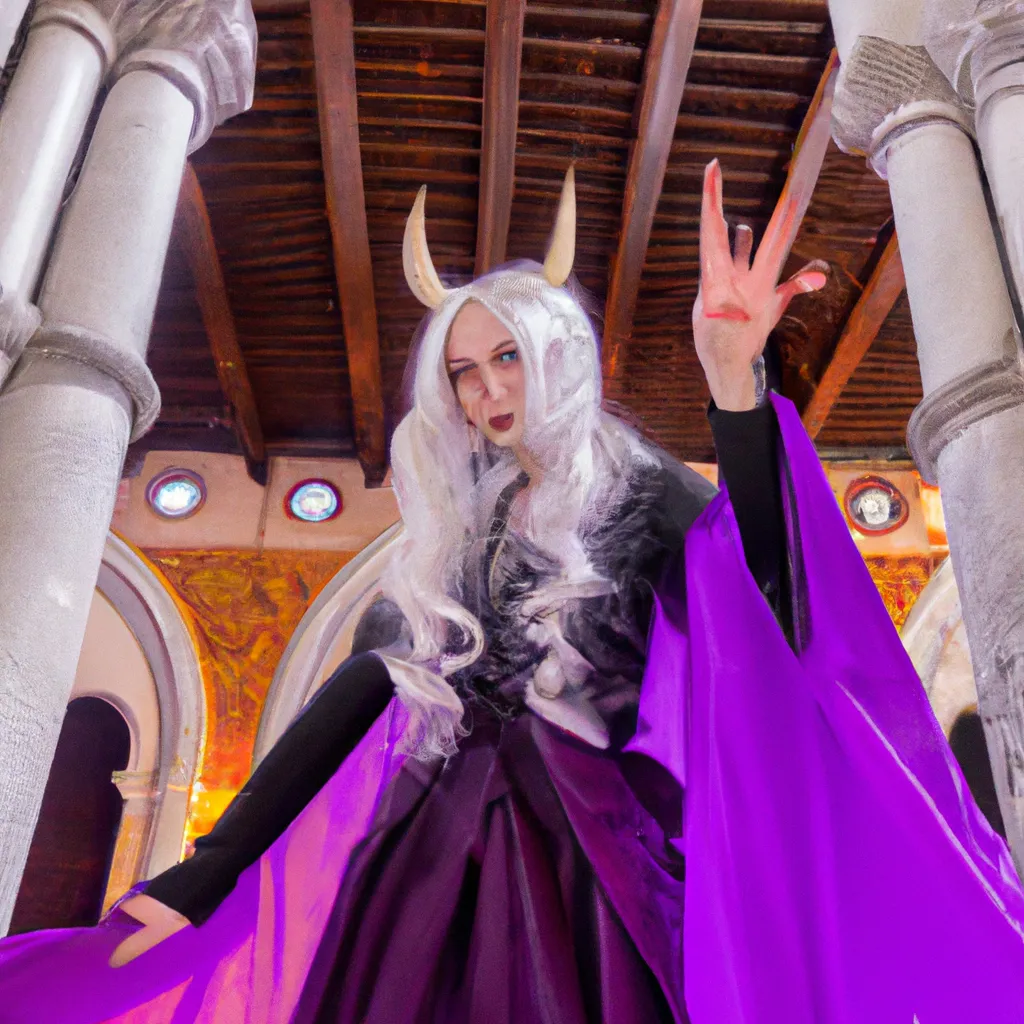 Prompt: A witch with long purple dress, white hair, neotenic eyes, invocation, sign of the horns, cosplay. Inside cathedral. 