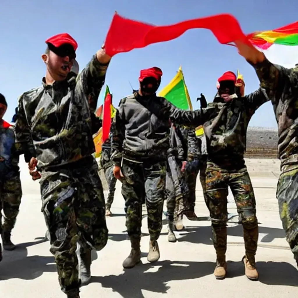 Prompt: A counter-insurgency force in bloody uniforms dancing to the disco with the Iranian flag