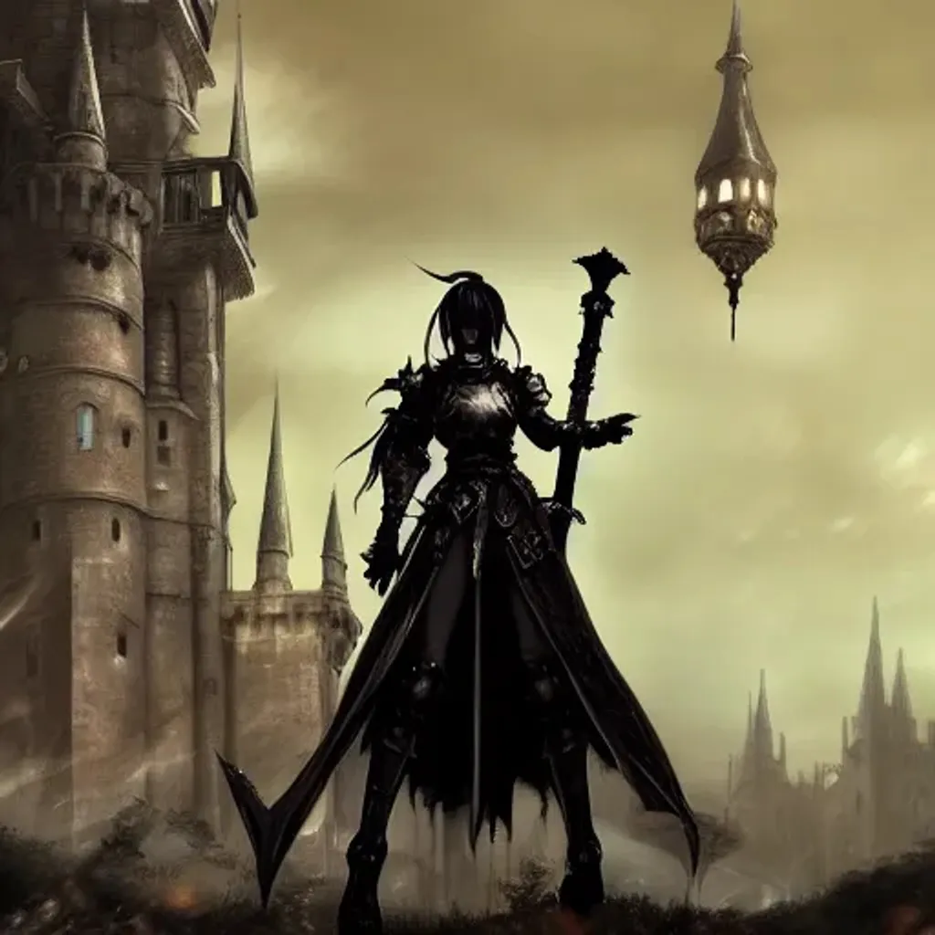 Prompt: a beautiful anime lady knight standing in front of a detailed gothic fantasy castle, heavy steel armor, a lonely and impossibly tall ominous gothic dark citadel tower of gloom, dark souls, dynamic light, matte painting, Akihiko Yoshida. final fantasy