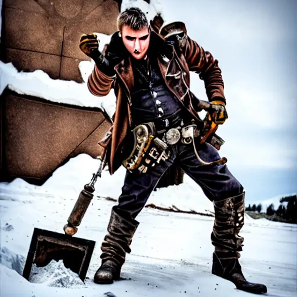 Prompt: Steampunk madmax is digging a hole in the snow to bury something 