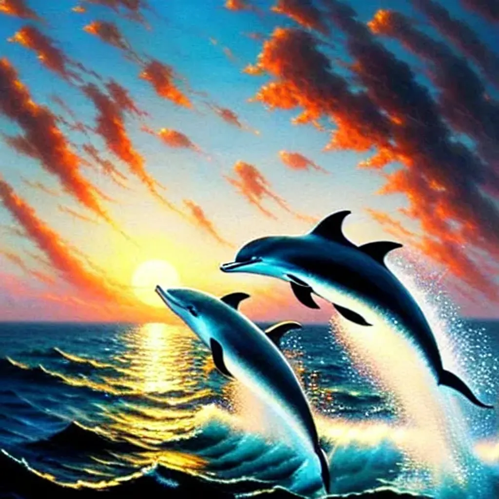 A beautiful painting of dolphins, leaping out of a c... | OpenArt