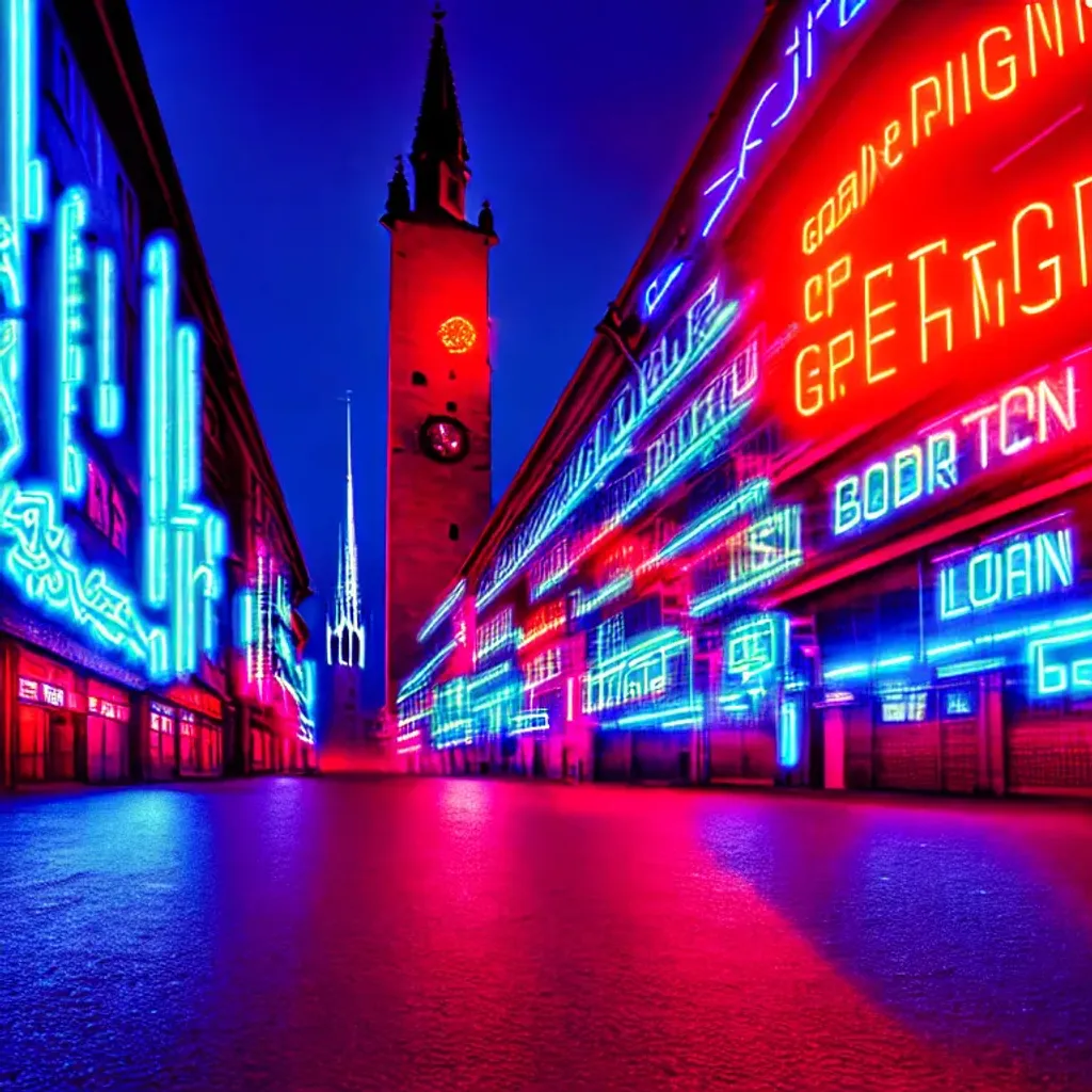 Prompt: Cyberpunk, city plaza, neon signs, neon lights, giant flatscreens with graphics, medieval German architecture, German gothic church, German timber frame buildings, cobblestone streets, broad light, wide angle, over the shoulder point of view, futuristic German city, bloom lighting effect, highly detailed, picturesque, romantic, vivid colors, European city