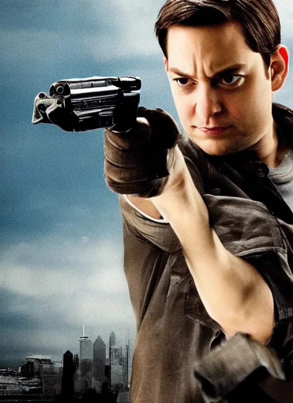 Prompt: A 2010s action movie poster, depicting Tobey Maguire holding a gun.