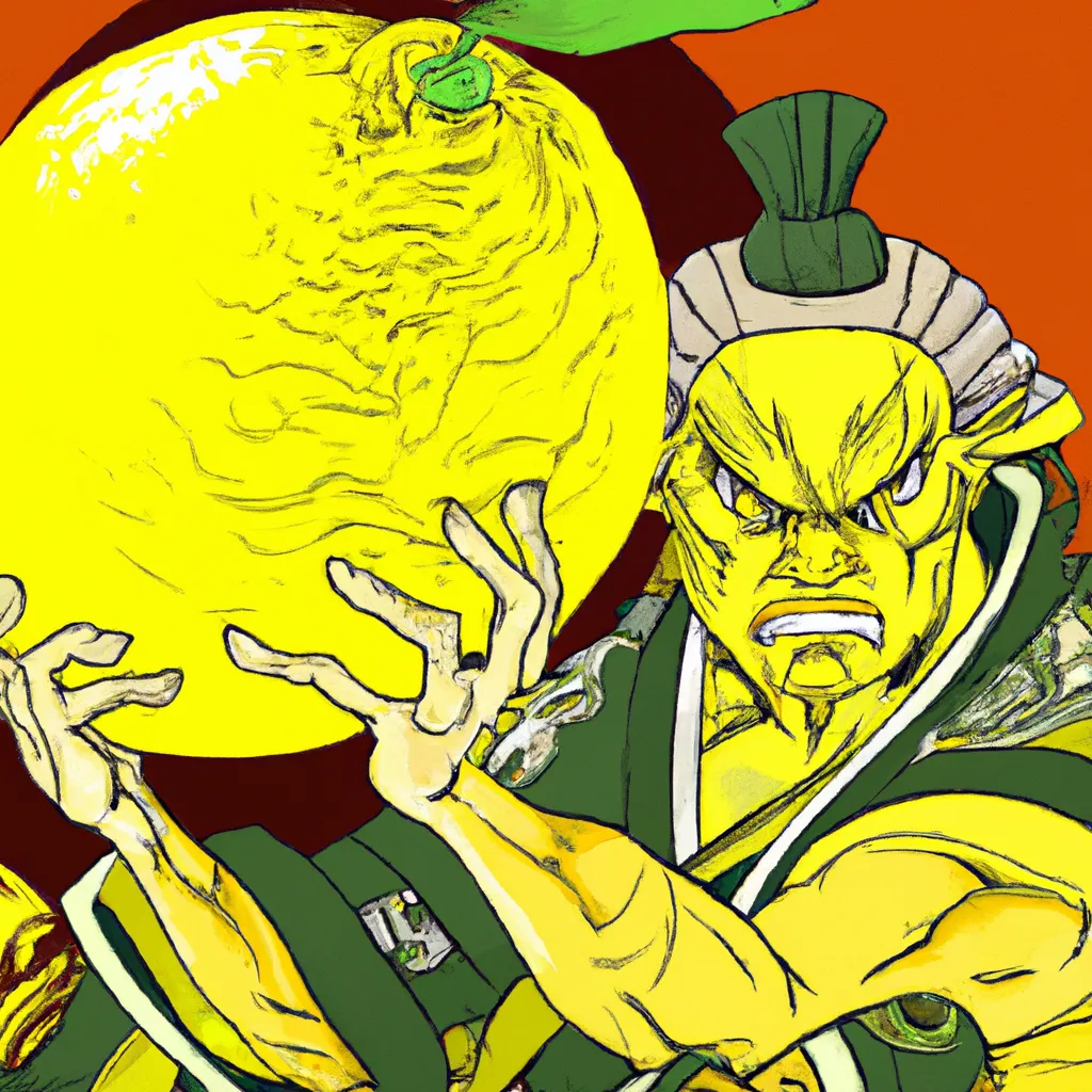 Prompt: Samurai Oni male Lemon Head with cel shading attacking giant lemon monster.

